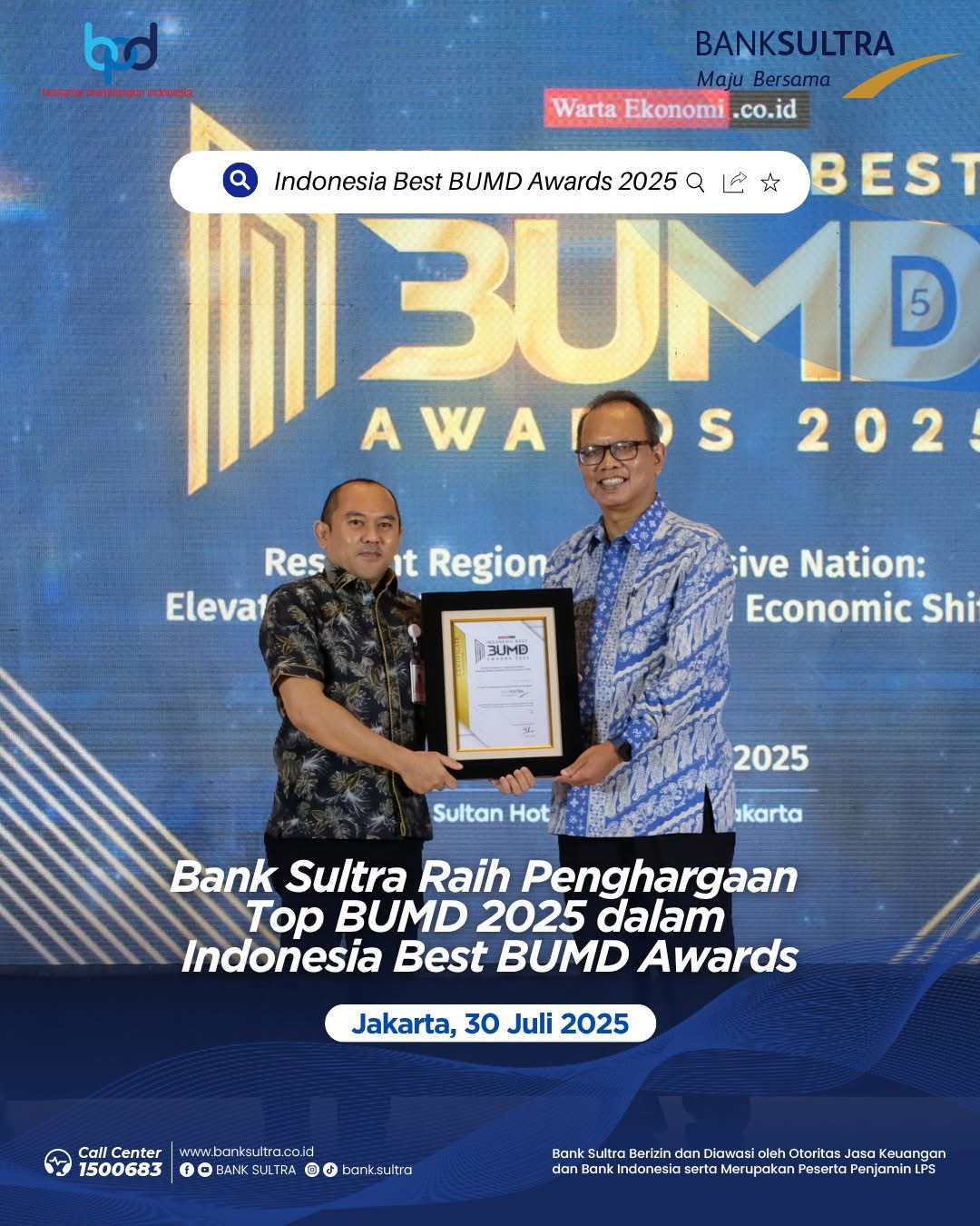 Bank Sultra Sabet Penghargaan 'Top BUMD 2025', Bukti Komitmen Kuat untuk Pembangunan Daerah